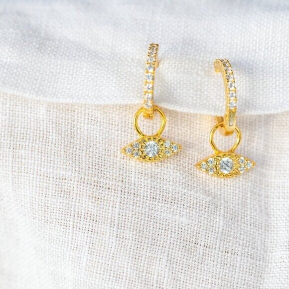 YOU PICK!  Gold Pave Huggies + you pick charm Bolt, Hamsa Hand or Evil Eye - Picture 12 of 14